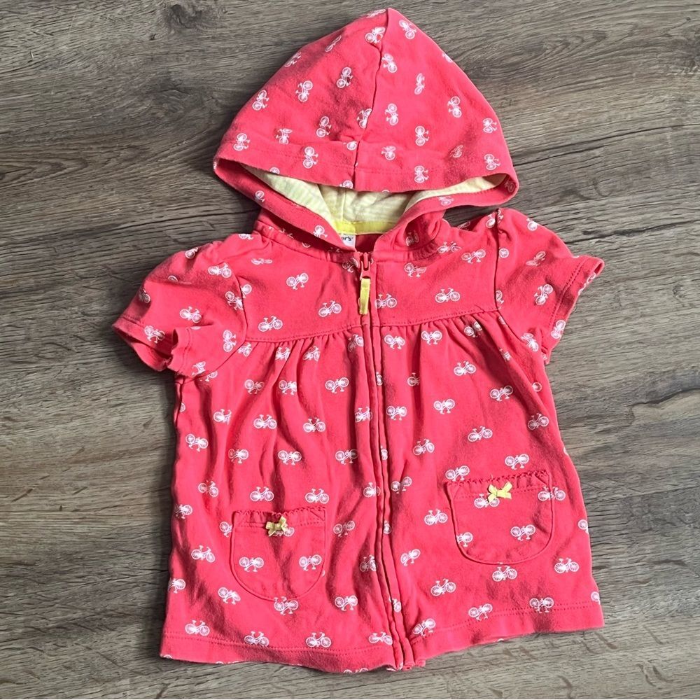 Carter’s Baby Girl 24M Pink Bicycle Print Short Sleeve Zip Hoodie EUC